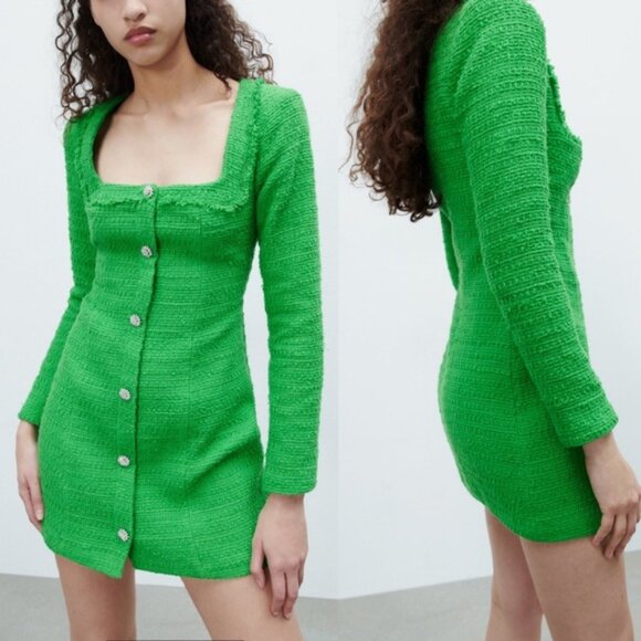 NWOT ZARA Textured Weave Boucle Dress with Jeweled Buttons size M - Picture 3 of 9